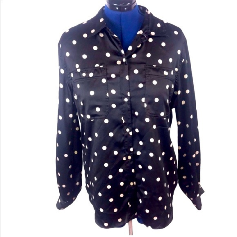 Chaps XXL brown/cream polka dot button up long sleeve satin classic core blouse